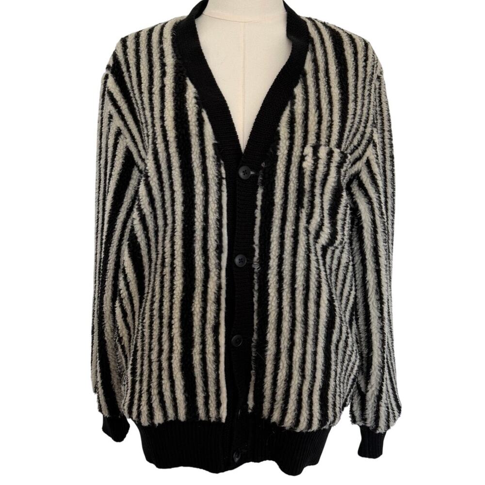 BEAMS Plus (M) Black Off White Striped Fleece Cardigan High Pile Japan